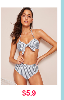 STRIPED KNOT FRONT BANDEAU WITH HIGH WAIST BIKINI