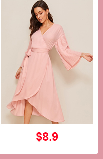 DROP PLEATED SHOULDER SURPLICE NECK BELTED DRESS