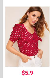 POLKA DOT BUTTON FRONT RUFFLE TRIM BLOUSE