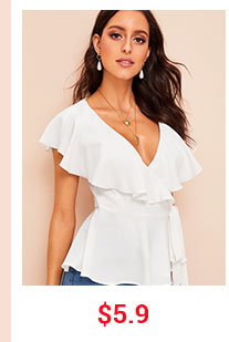 V NECK RUFFLE TRIM WRAP KNOTTED BLOUSE