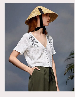 SHEIN X Karla Jodoin Leaf Embroidery Button Detail Tee