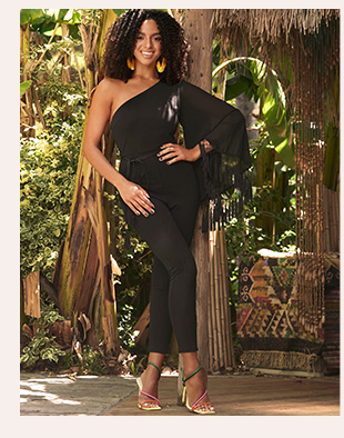 SHEIN X Elle Rebel One Shoulder Trumpet Sleeve Fringe Trim Jumpsuit